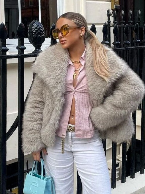 Winter plush faux fur coat with wide lapel, long sleeves, light beige, front open