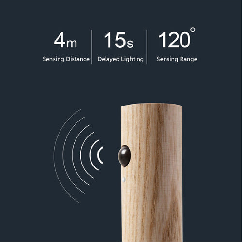 Light-wood magnetic night light with round motion sensor and white cylinder