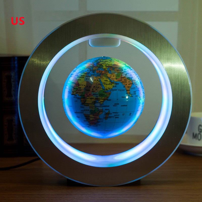LED floating world map globe with blue oceans, circular light ring and round base