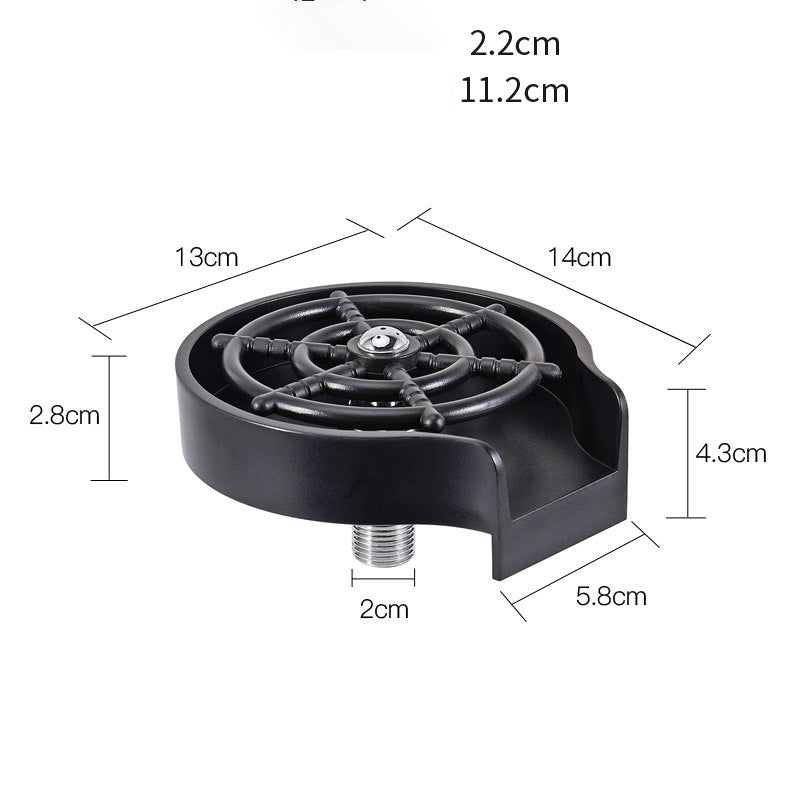 Cup washer base with black sprayer wheel and threaded water connection, angled view