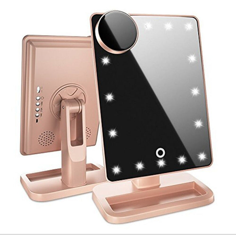 Touch-screen makeup mirror with stand, black glass, circular LED light accents