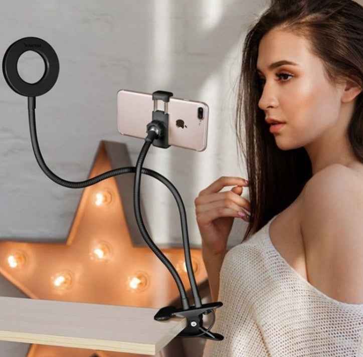 Black LED selfie ring light with phone holder and adjustable stand