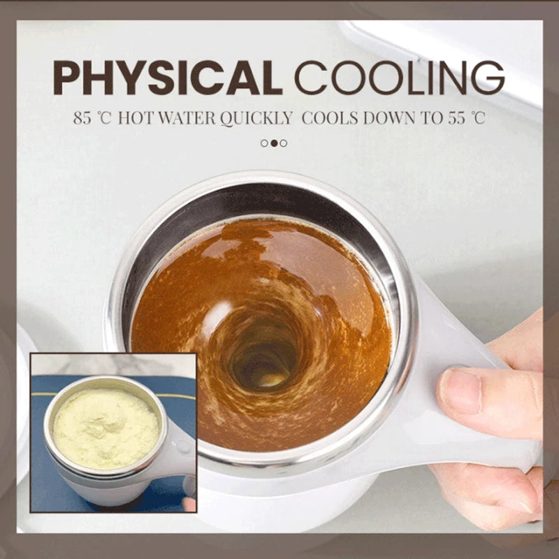 Electric stirring cup with stainless inner bowl, hand holding cup with brown liquid