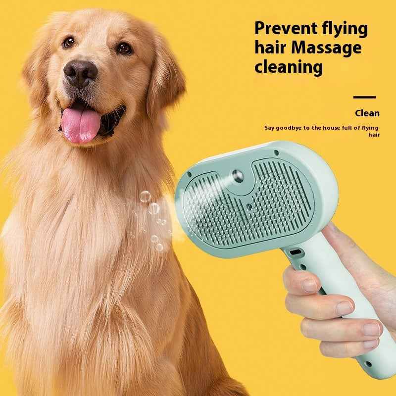 Pet hair grooming brush comb with mint head, held near a golden retriever