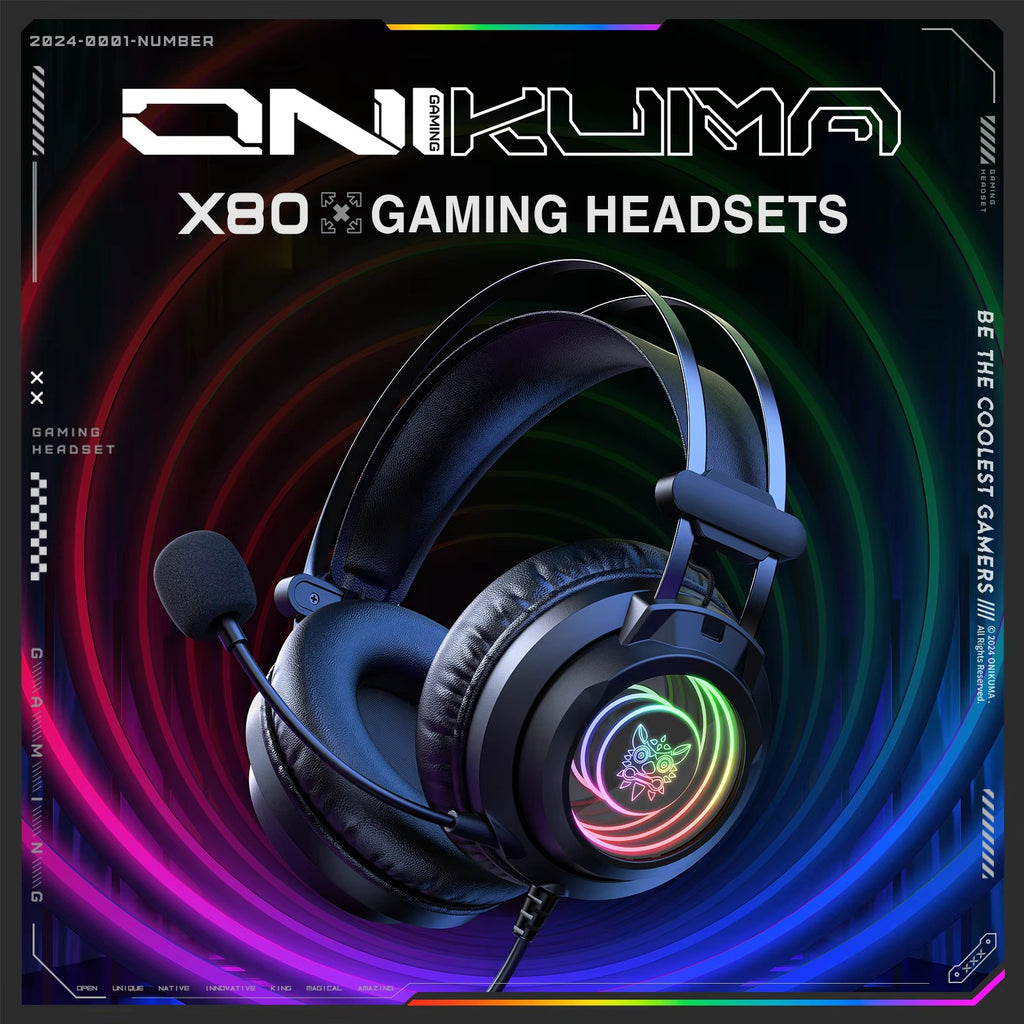 Black over-ear gaming headset with RGB logo on ear cup and adjustable headband