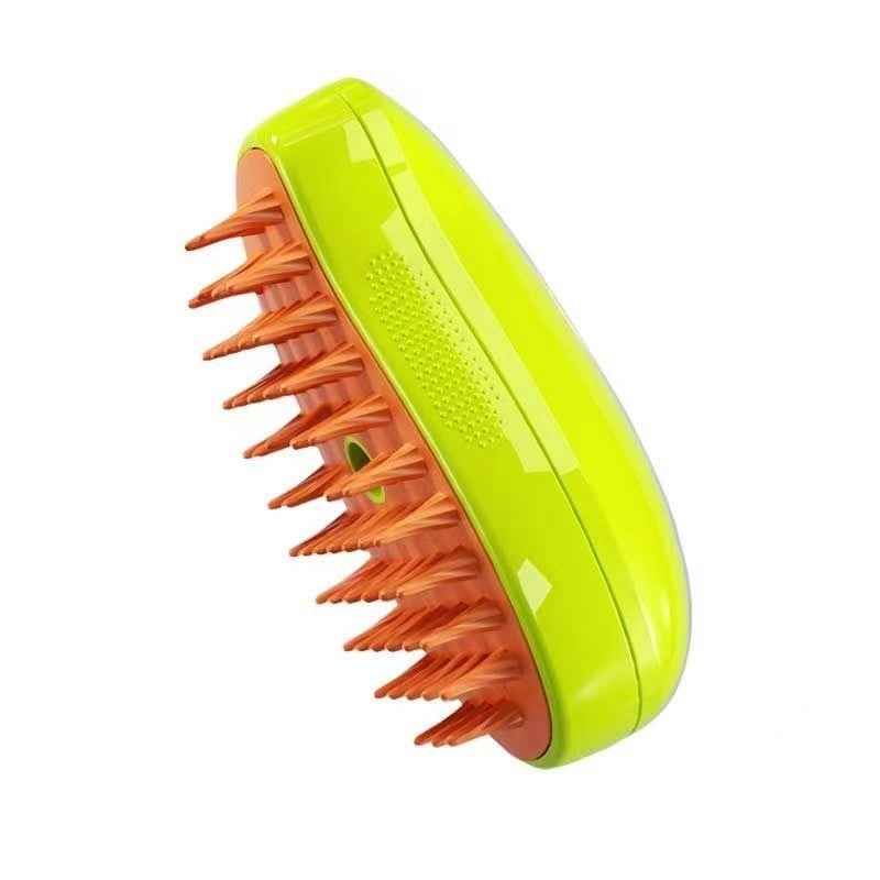 Pet spray massage comb, green, showing orange bristle teeth and textured grip.