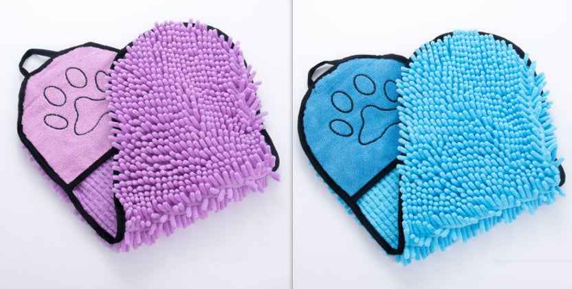 Purple and blue microfiber pet drying towel mitts with paw-print emblems and black trim