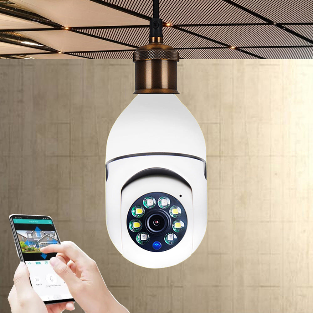 WiFi security camera bulb hanging from ceiling with front lens and phone control