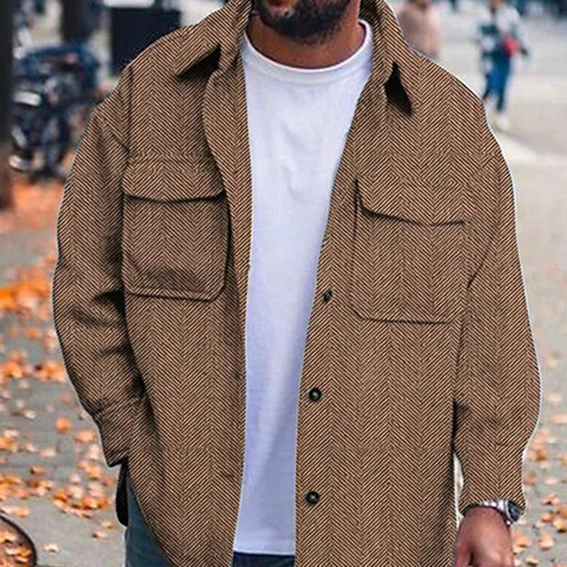 Men's polo-collar coat shirt in brown herringbone with button front and flap chest pockets.
