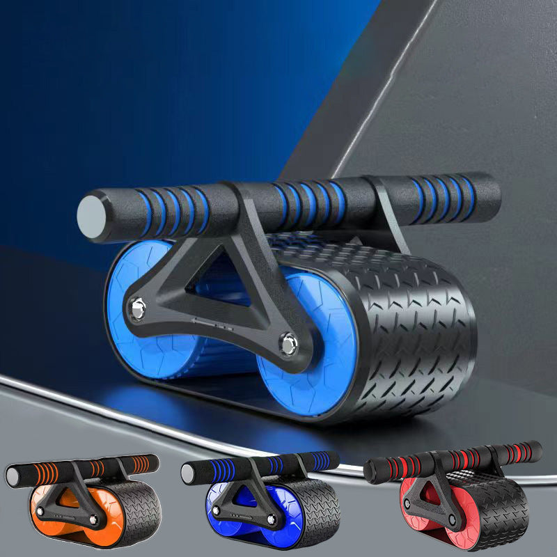 Close-up of blue double-wheel AB roller frame with textured grip handles