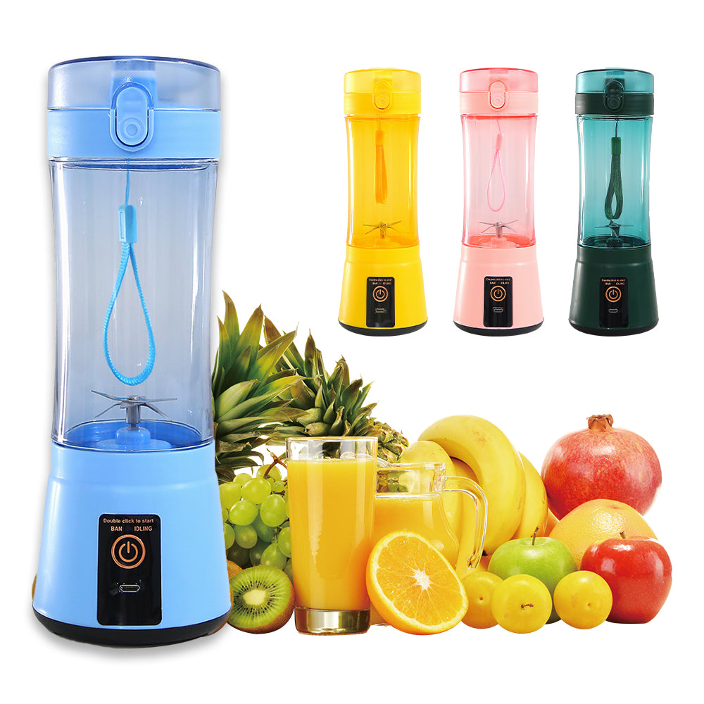 Blue portable electric fruit juicer with clear blending cup and USB rechargeable base