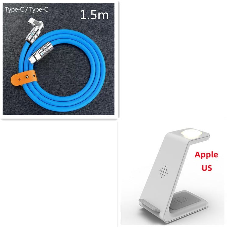 Wireless charger stand with white base and glowing pad, 1.5m Type-C to Type-C cable, blue cord.