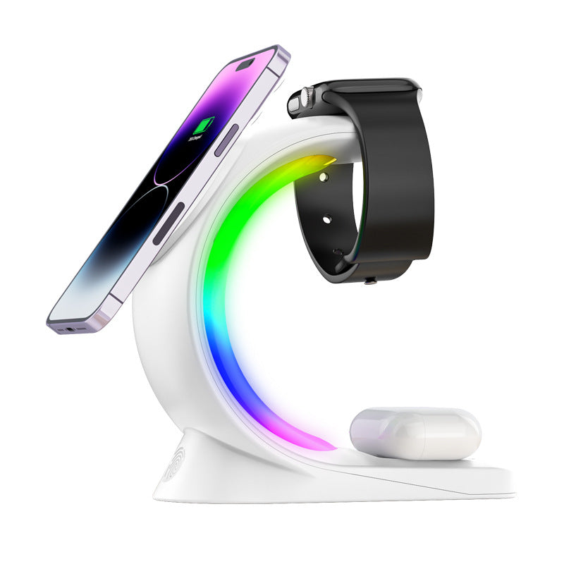 Magnetic wireless charger stand in white with RGB ring light and phone and earbuds cradle