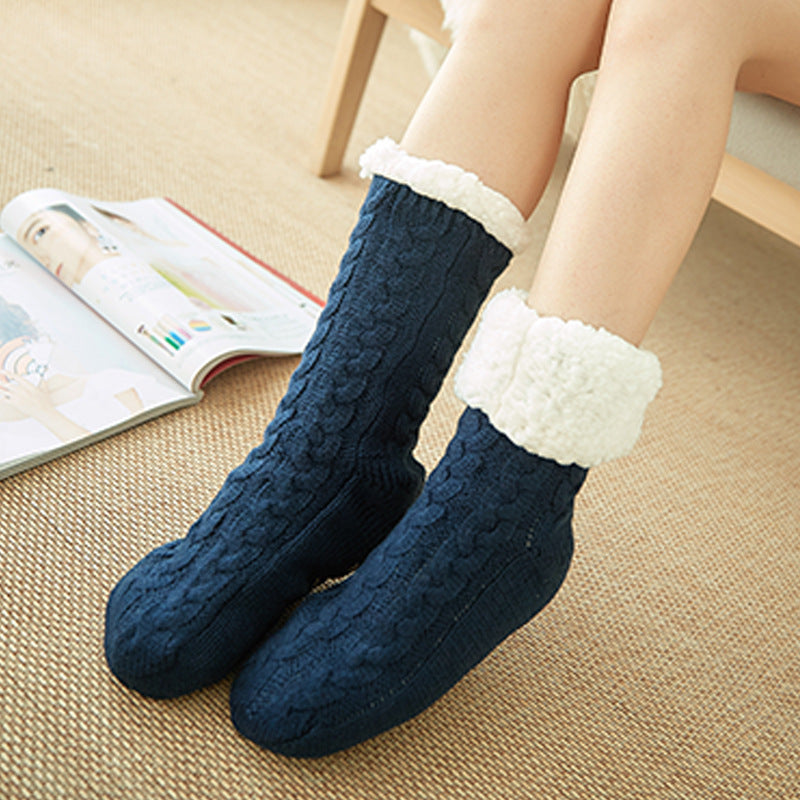 Navy blue fleece cable socks with white cuff, thick knit