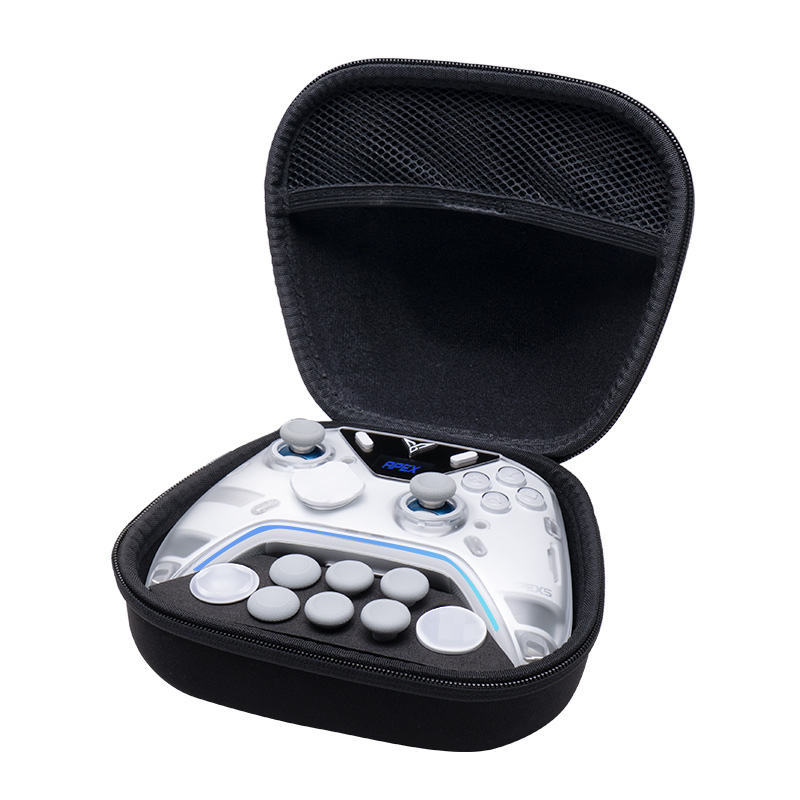 Game controller in a zippered black case, showing white face buttons