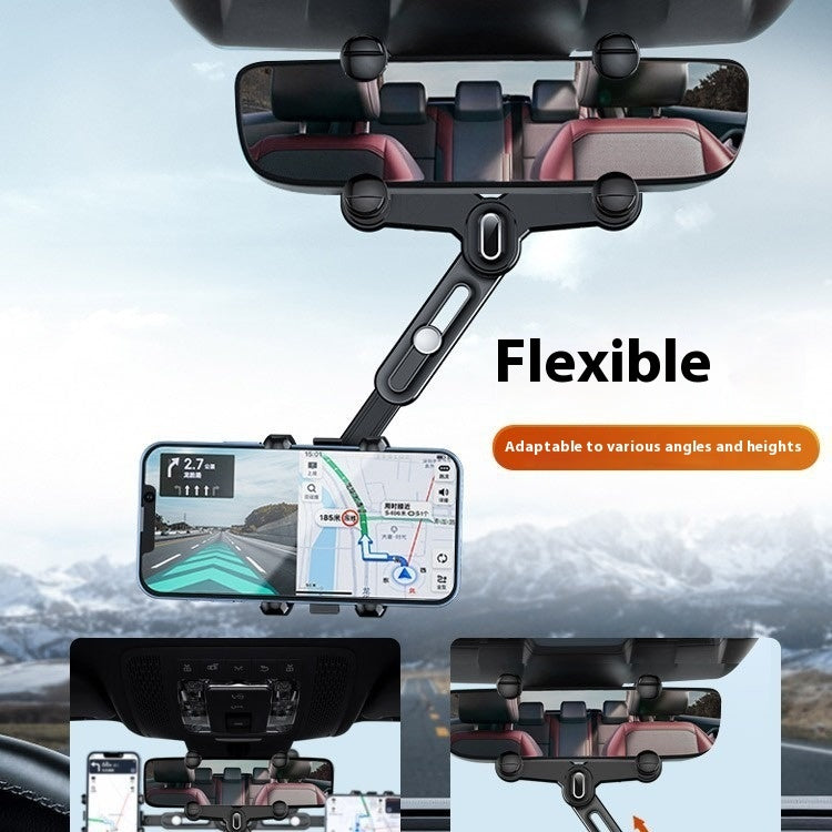 Flexible clip-on rearview mirror phone holder with adjustable joint and mounted smartphone