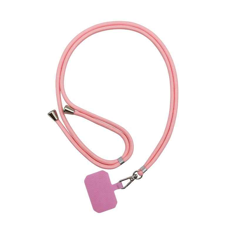 Cell phone strap lanyard with pink soft rope, metal clamps, and pink hanging charm