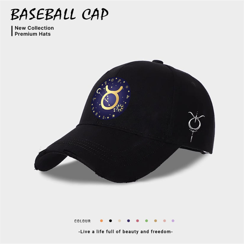 Black baseball cap with blue-and-gold zodiac emblem on front, minimalist side icon