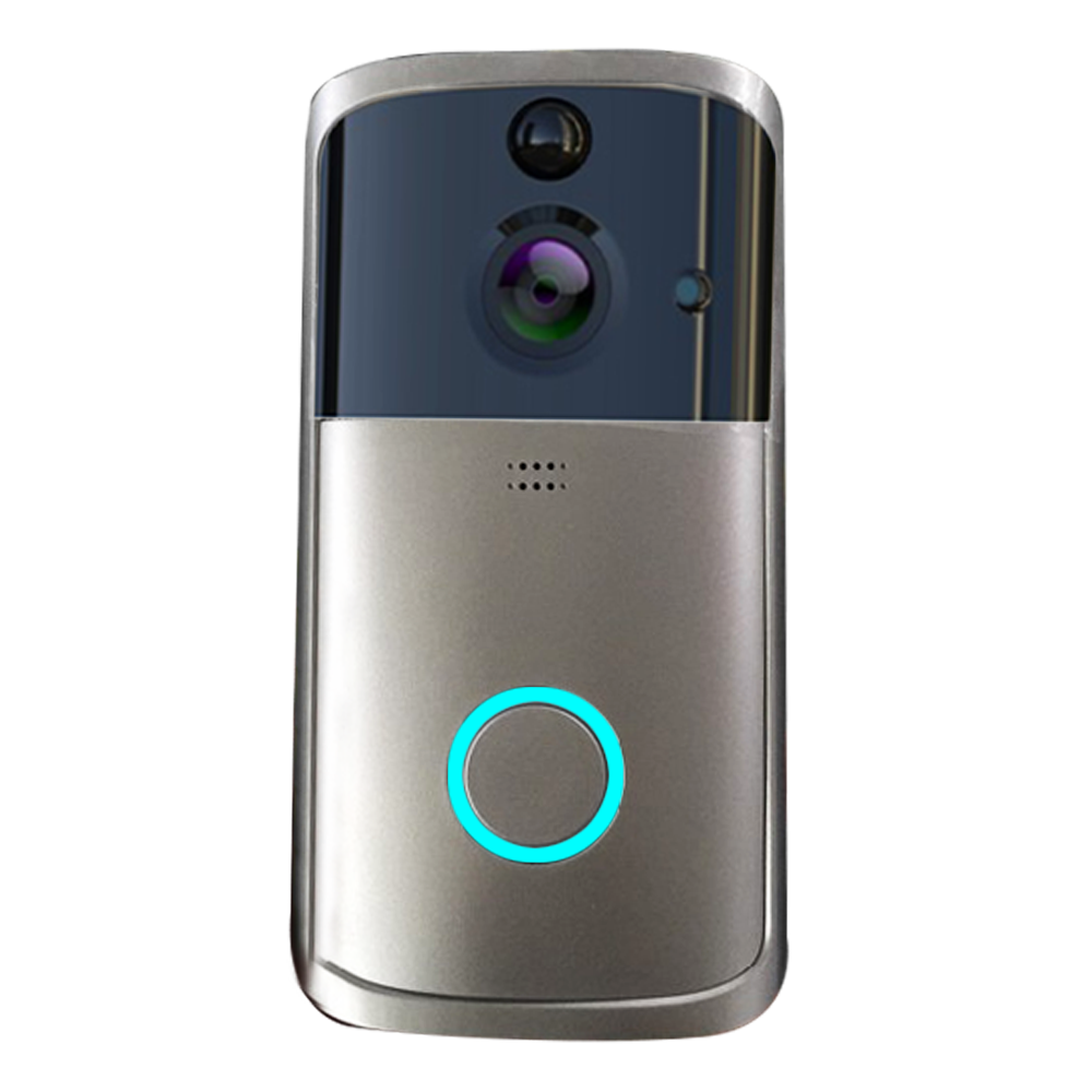 WiFi video doorbell camera, silver front with blue ring light