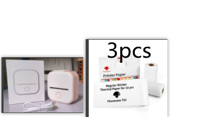 Mini thermal label printer set with 3pcs thermal paper, white/pink printer