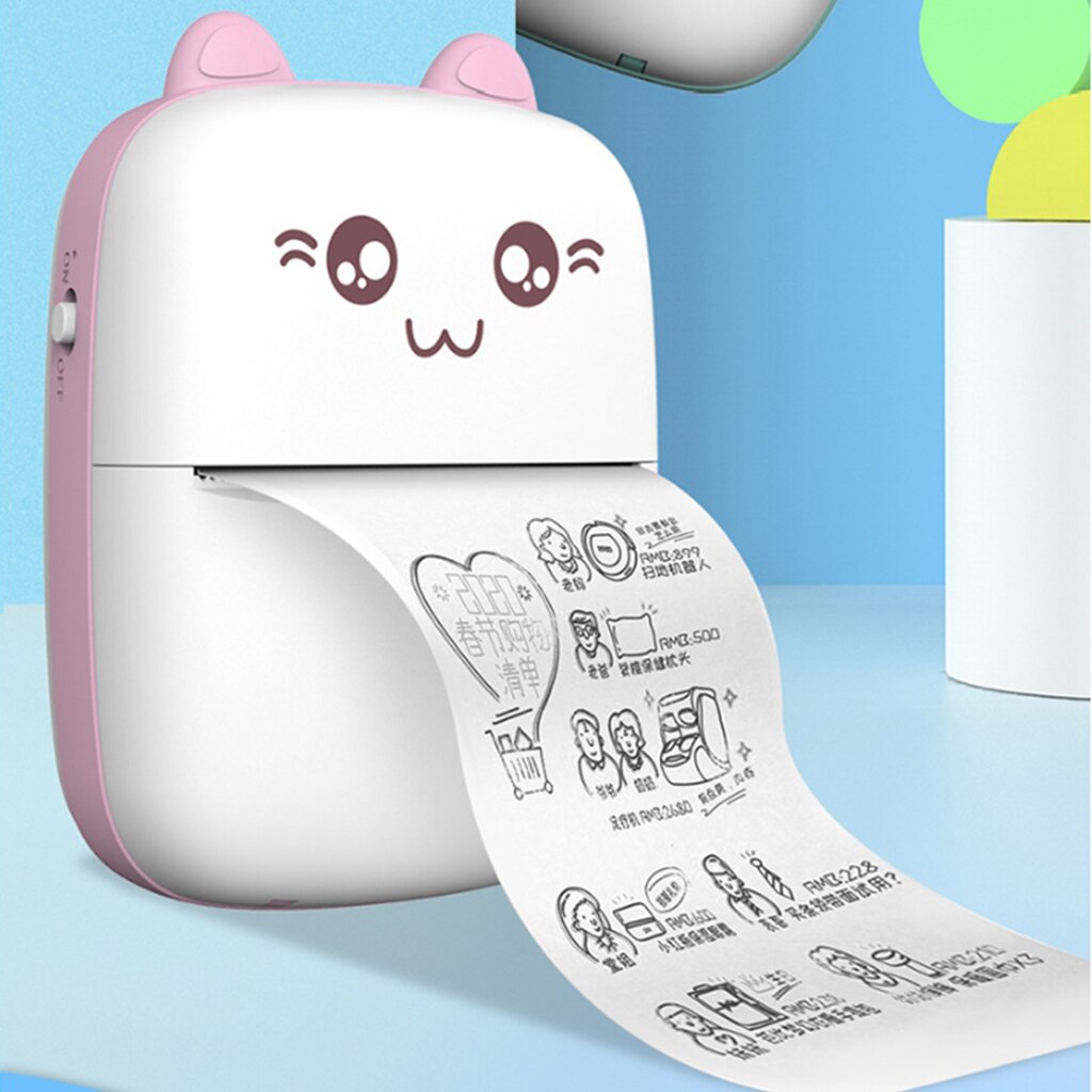 Mini label printer with cat face, pink body, white print roll feeding out