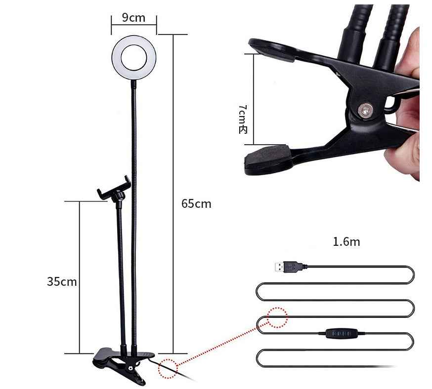 Adjustable LED selfie ring light stand with phone holder, showing length and height measurements