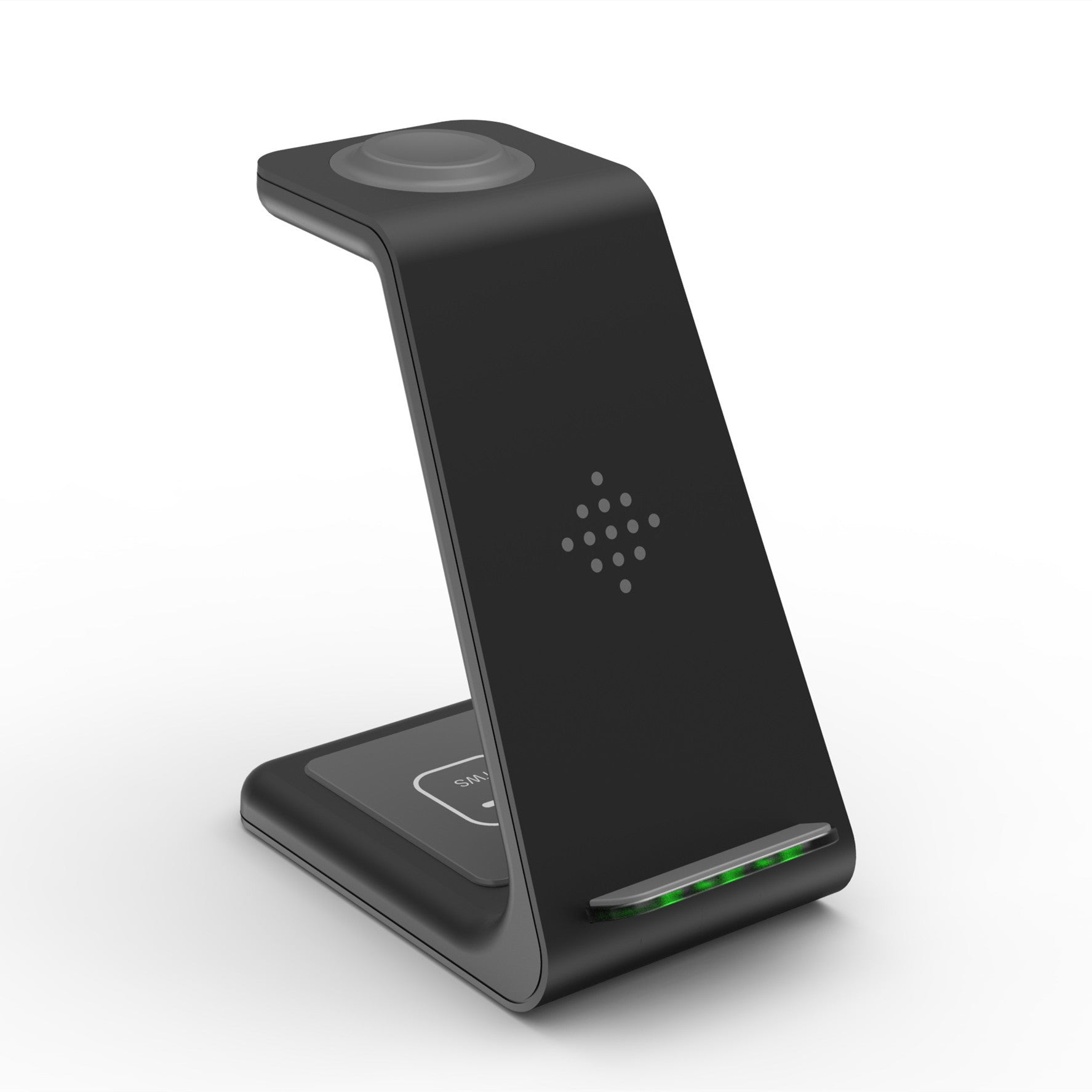 Wireless phone charger stand with vertical cradle, LED glow at base, dark finish.