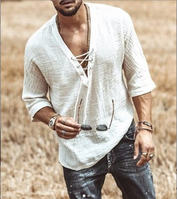 Men's short-sleeve button-up shirt, light cream, open collar with laced placket