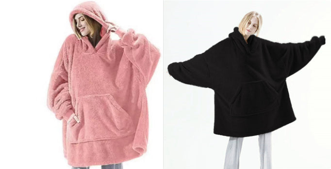 Fleece hoodie sweatshirt in pink and black, hooded with large front pocket