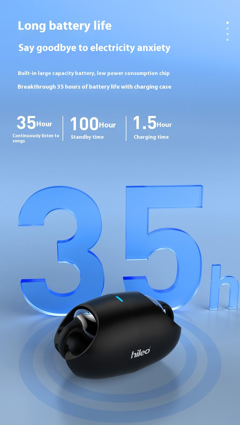Black clip-on true wireless Bluetooth headset with charging case, blue battery graphic