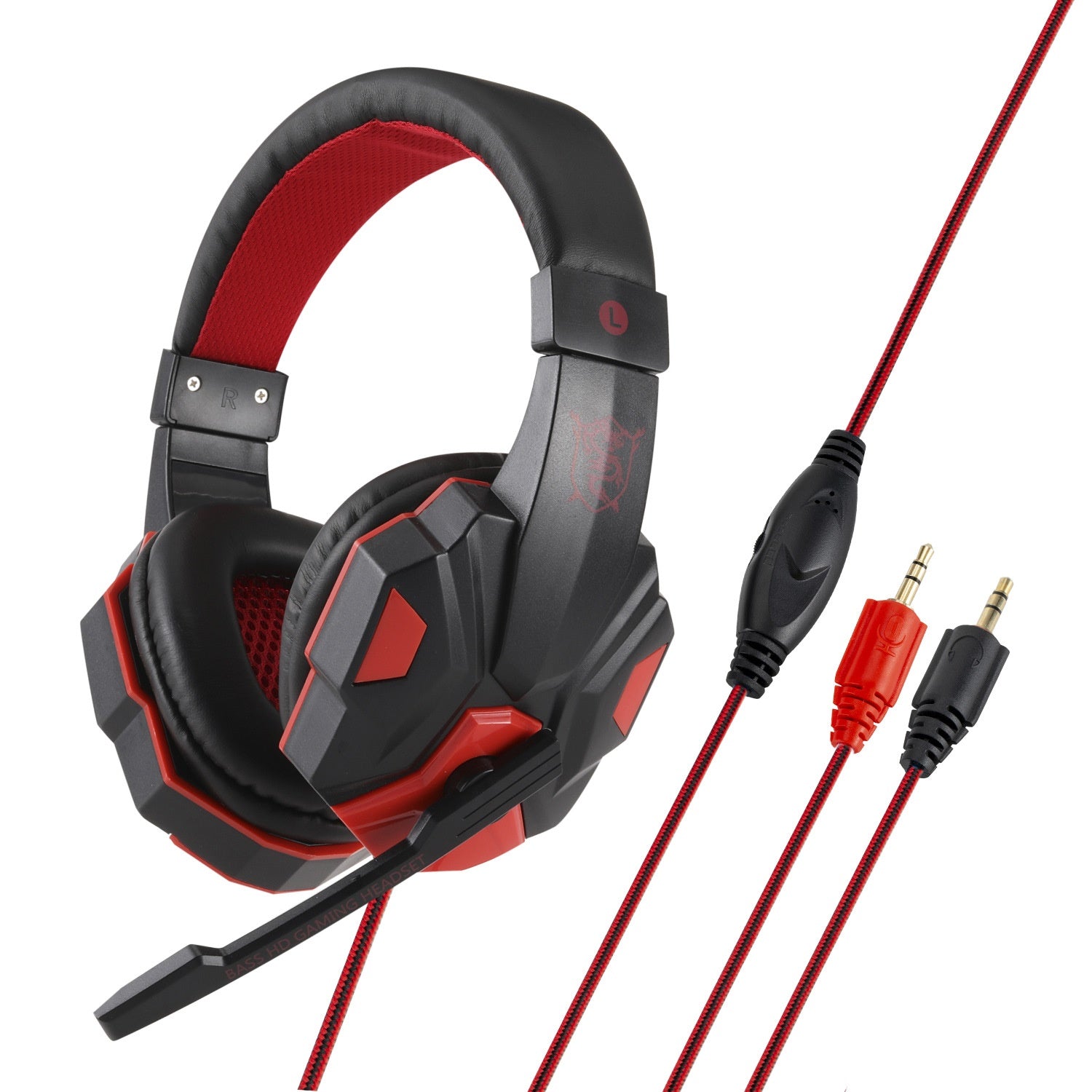 Black and red over-ear headphones with LED earcup and red audio cable set