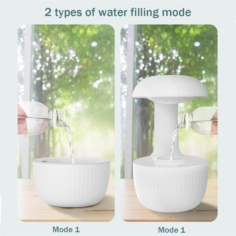 White cool mist humidifier showing two water filling modes from top and side.