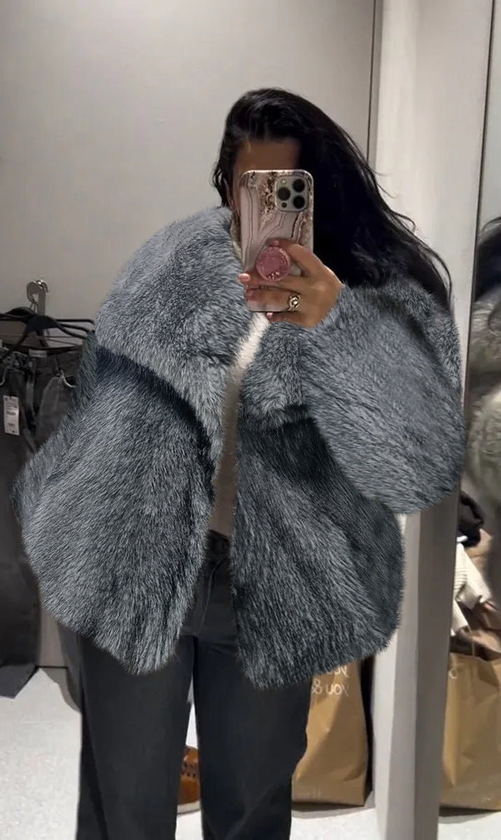 Women's plush faux-fur jacket with lapels, long sleeves, heather gray