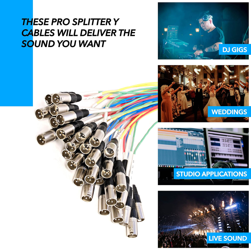 XLR/TRS snake cable splitter with bundled multicolor trunks and silver XLR connectors