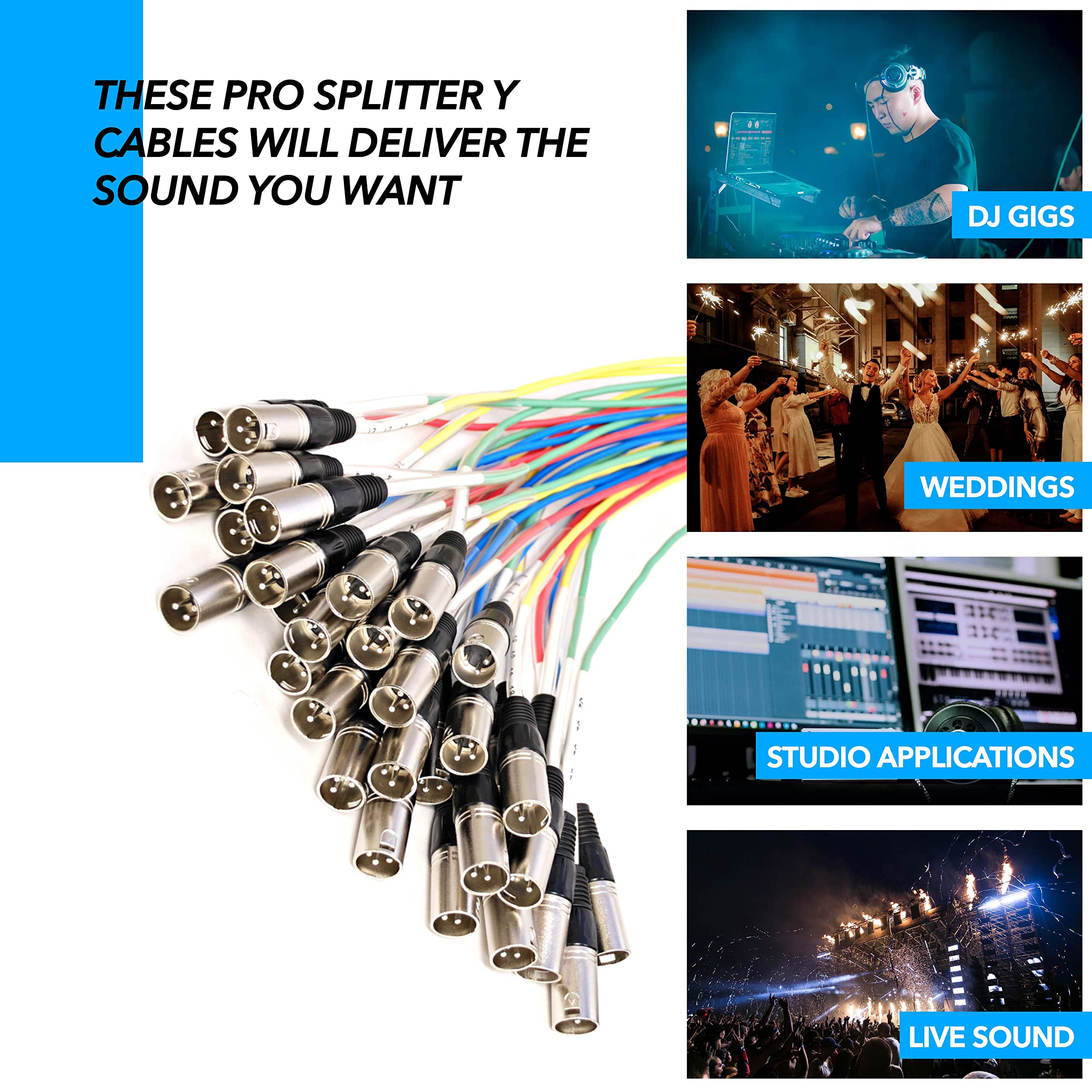XLR/TRS snake cable splitter with bundled multicolor trunks and silver XLR connectors