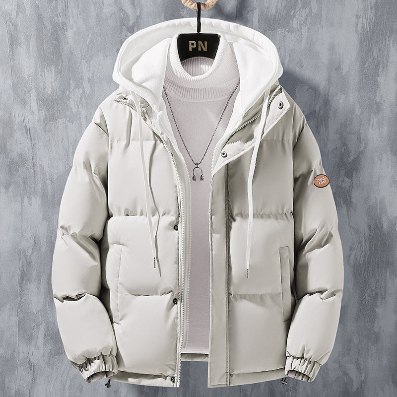 Men’s hooded puffer jacket in white with full-length front zipper and adjustable drawstring hood