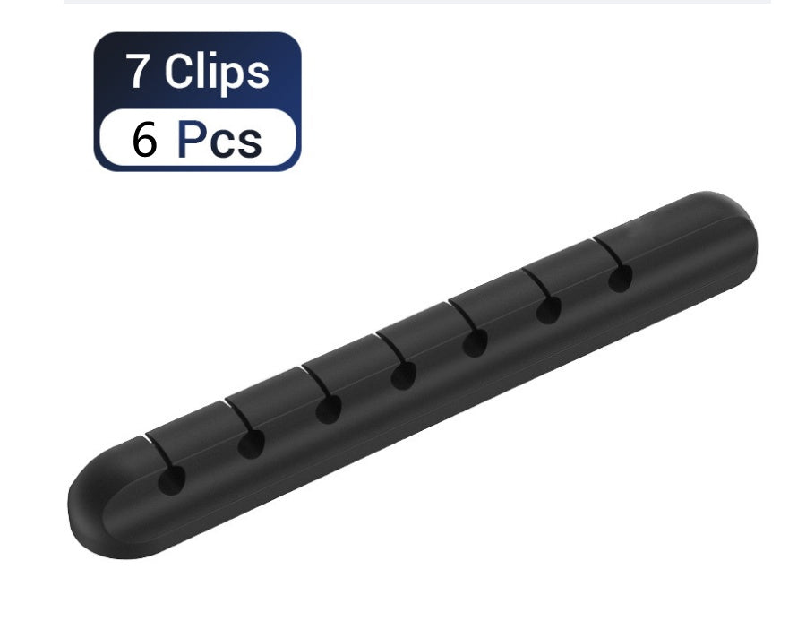 Silicone cable organizer strip with 7 clip slots, 6-piece set, black