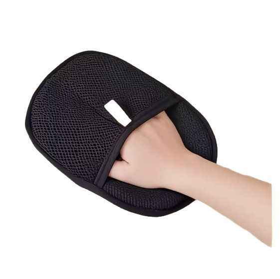 Pet hair remover glove, dark mesh mitt with white tab, worn on hand