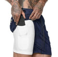 Compression shorts with phone pocket, white with dark navy panel, elastic waistband