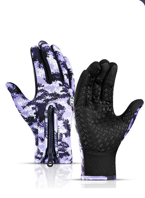Pair of winter riding gloves, light purple speckle and black, textured palms, zipped wrist cuff