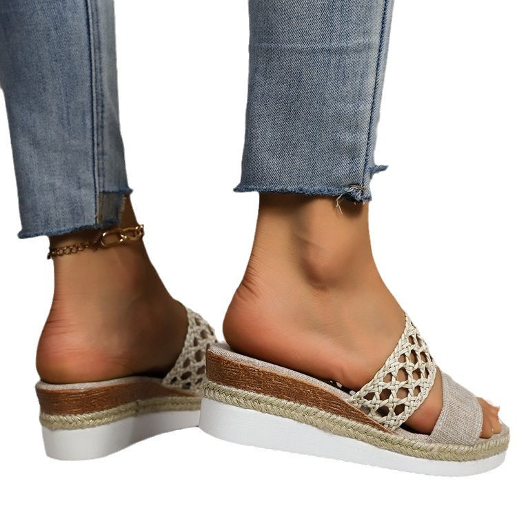 Plus size rope-bottom peep toe platform sandals, beige peep-toe with textured side panel