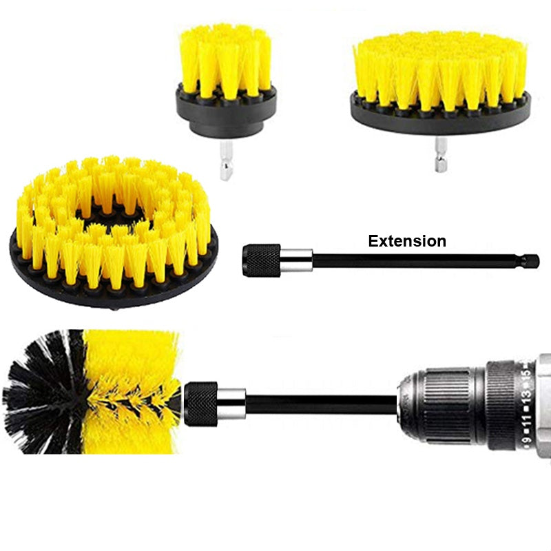 Electric cleaning brush set with yellow bristle round heads and drill extension rod