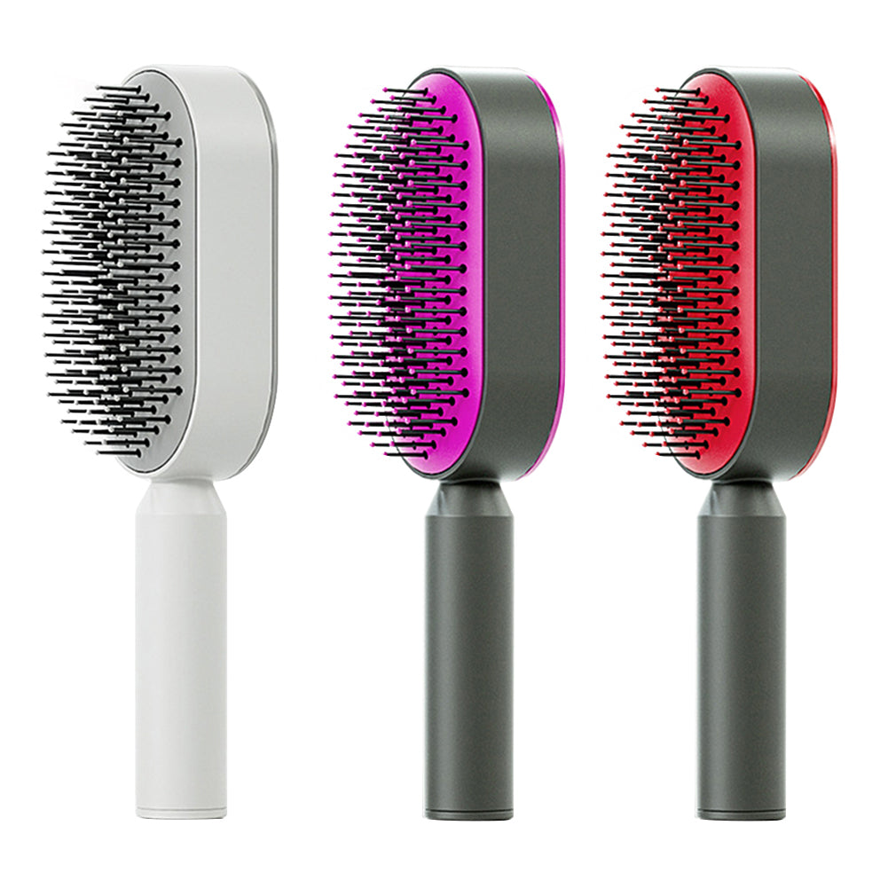 Self-cleaning hair brush set with white, purple, and red oval heads and pin bristles