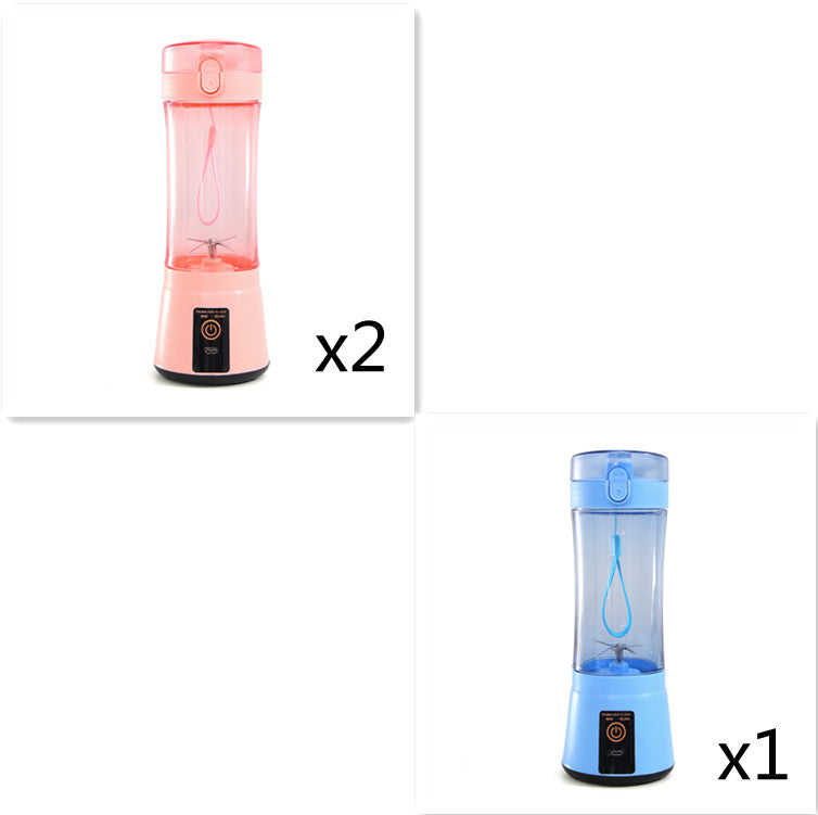 Portable electric fruit juicer blender in pink and blue translucent cups with black base