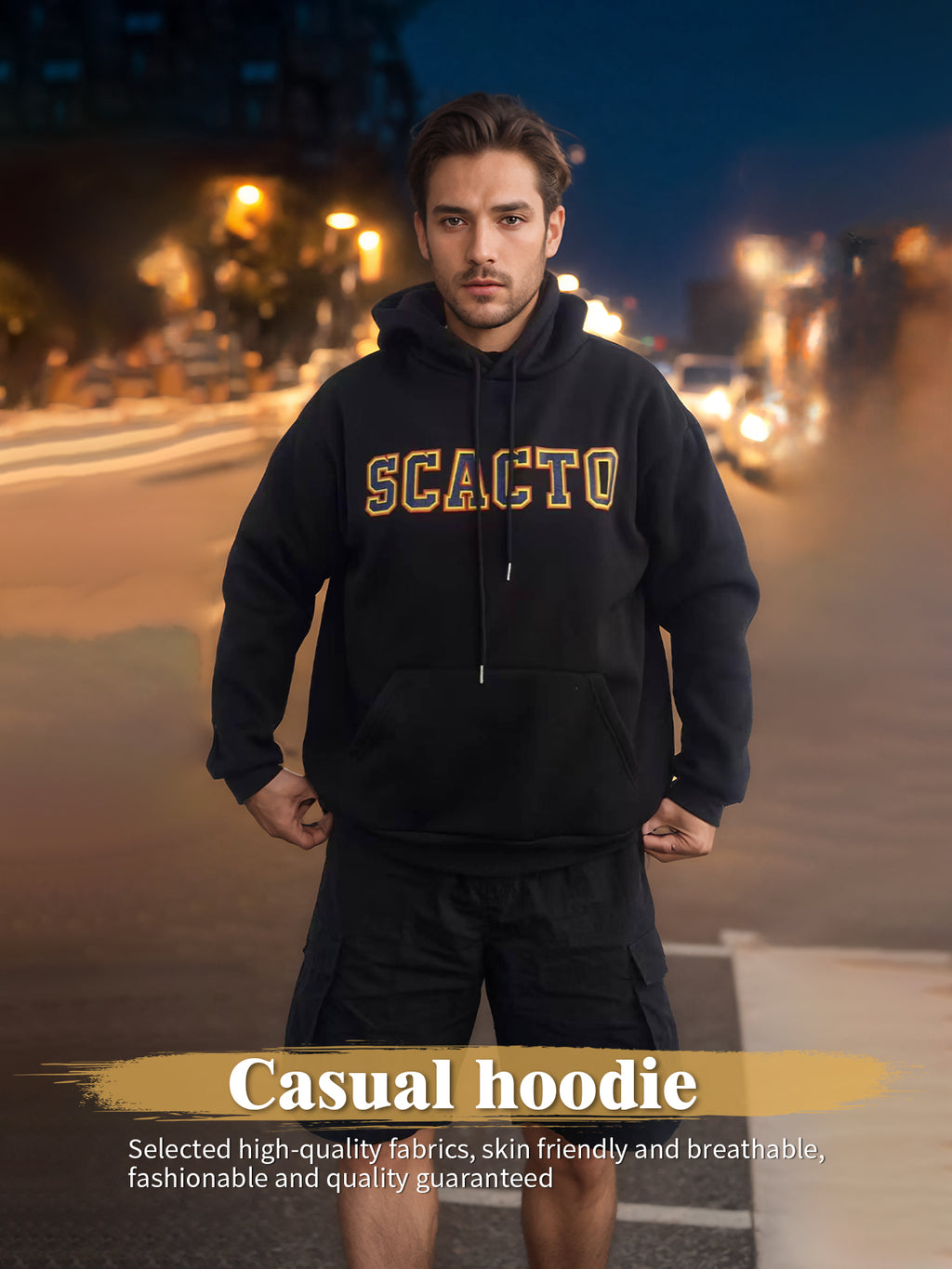 Black long-sleeve printed hoodie with hood, drawstrings, and front SCAGTO graphic.