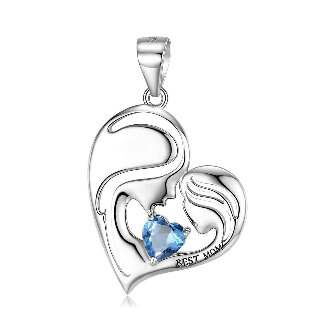 S925 sterling silver heart pendant necklace with blue heart gemstone and Best Mom engraving