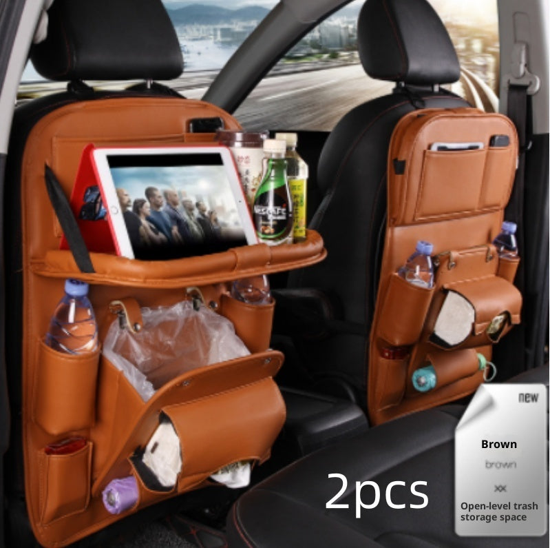 PU leather car seat back storage organizers, brown 2pcs with tray front and bottle pockets