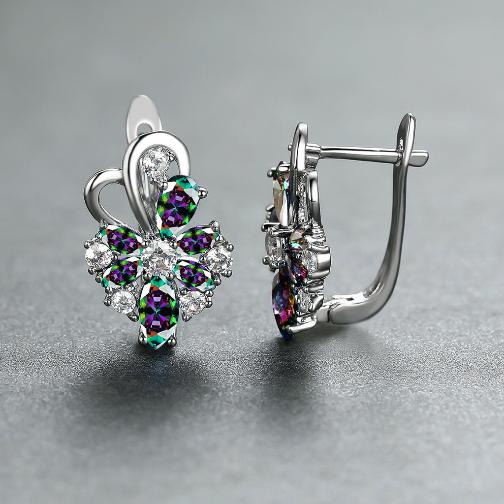 Flower drop-shaped zircon earrings with multicolor stones in silver-tone settings