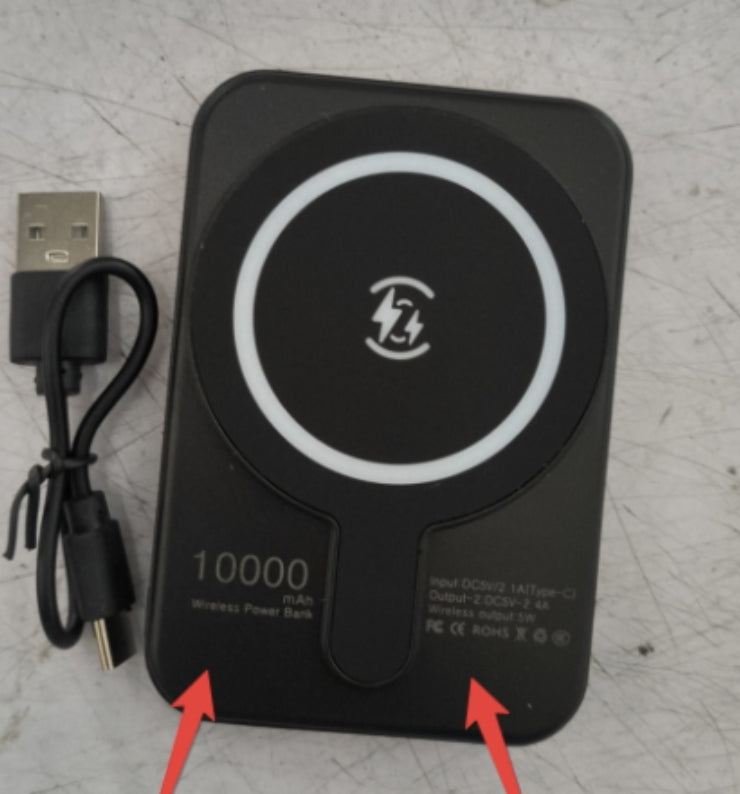 Black mini magnetic wireless power bank with charging icon and USB cable