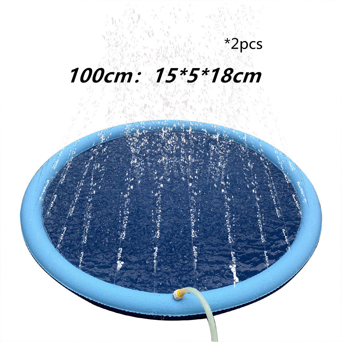 Blue round splash pad with water sprayers and garden hose connection